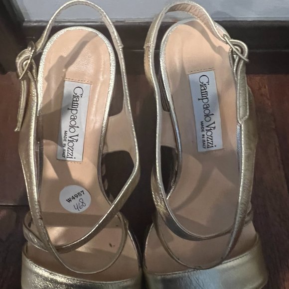 GIAMPAOLO VIOZZI CRISSCROSS WEDGE PLATFORMS, SIZE EUR 39/US 8, GOLD/BLACK/BEIGE - Picture 4 of 8